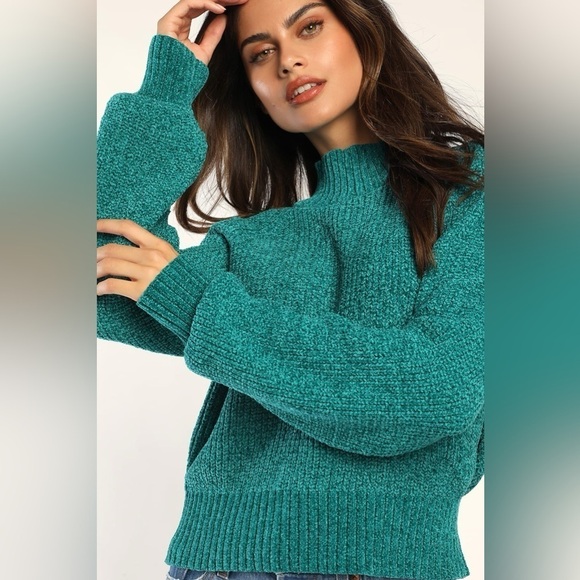 Lulus Seasonally Sweet Teal Green Chenille Mock Neck Sweater, Size XS - Picture 3 of 9